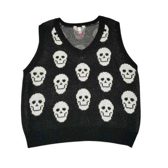 Skulls Skeletons Black White Sweater Vest Whimsigoth Grunge Misfits Gothic Large - Picture 1 of 6
